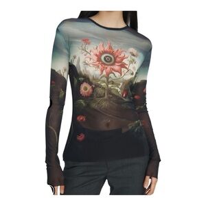Monse Rose Printed Mesh Top Long Sleeve in Sheer Fabric Size Small